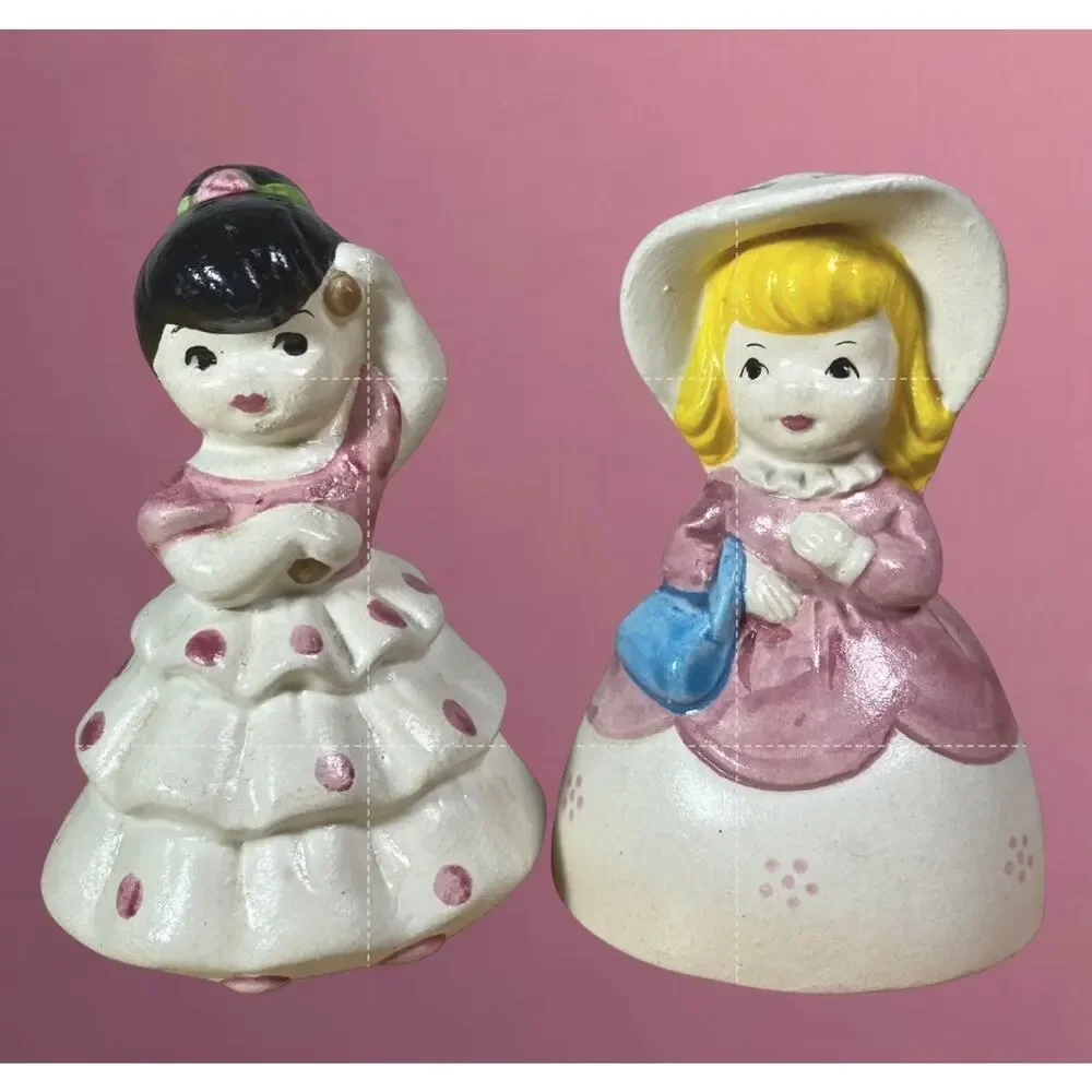 Vintage Storybook Girl Salt & Pepper Shakers Ceramic Pair Pink Mid Century